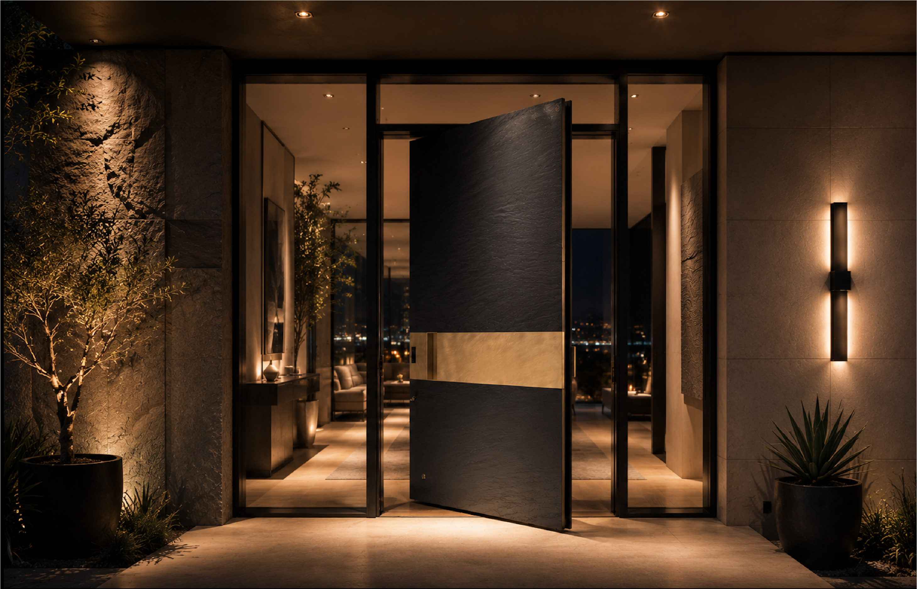 Modern luxury villa with oversized pivot door entrance