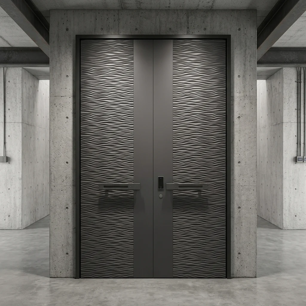 Modern Ocean Wave Texture Armored Entrance Door with LED Handle